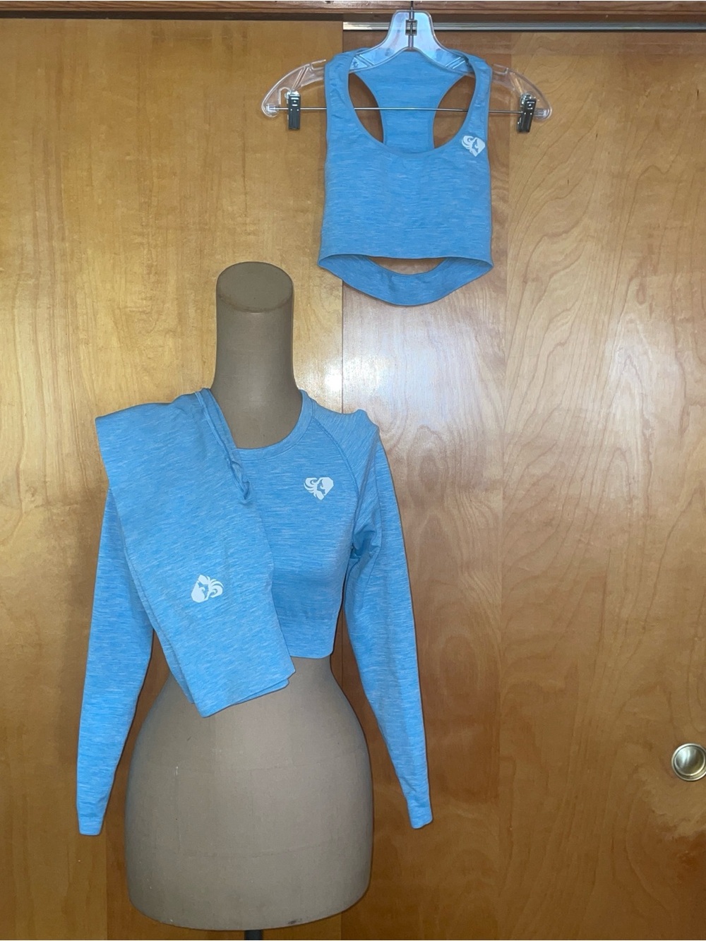 Seamless Sky Blue Long Sleeve Crop Top - Athletic -Womens best -3 piece set